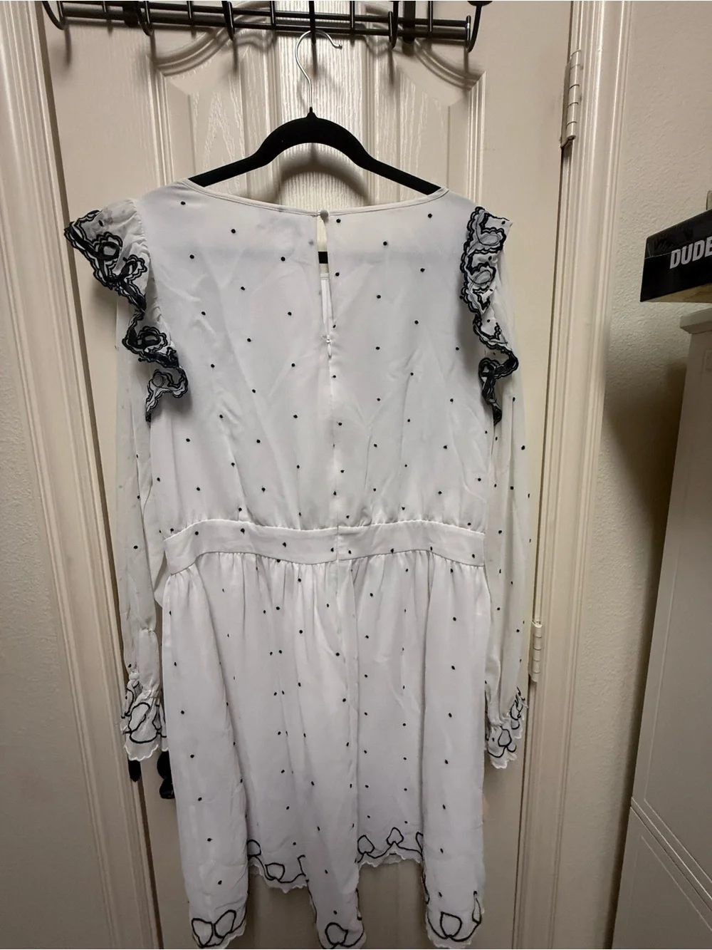 Girls White Dot Ruffle Dress with Navy Embroidery